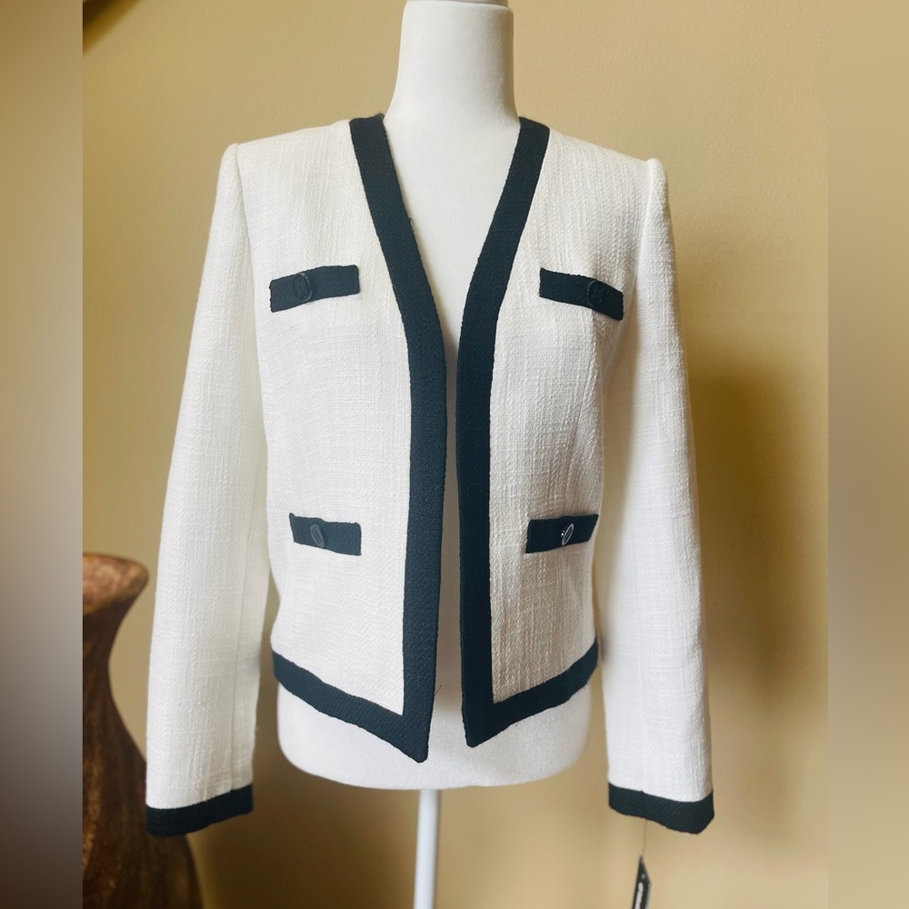 NWT KARL LAGERFELD PARIS TWEED OPEN FRONT COLOR BLOCK BLACK/WHITE BLAZER SIZE 2 - Picture 3 of 14